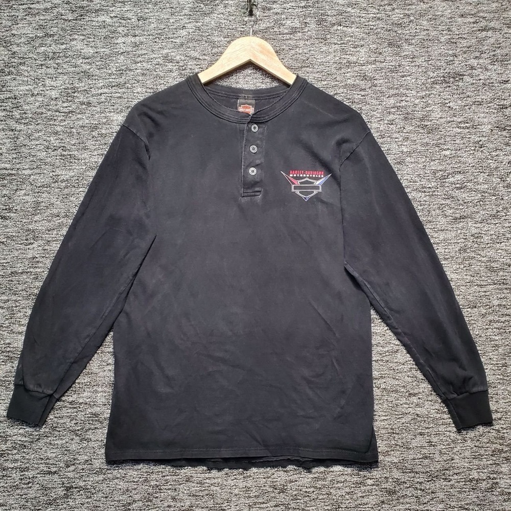 Harley Davidson Henley Shirt Men Medium Black Long Sleeve Graphic Biker USA Made